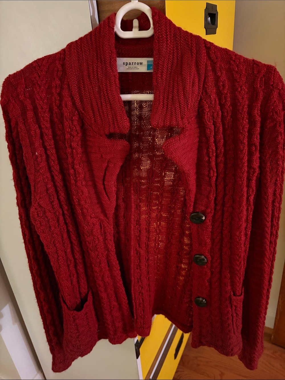 sparrow Red Cable Knit Button-Front Shawl Collar Cardigan